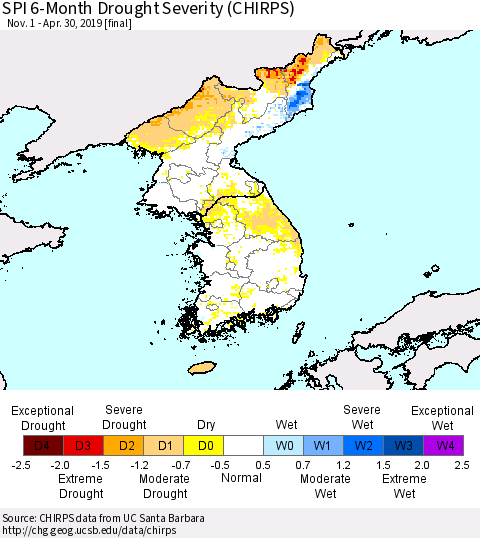 Korea SPI 6-Month Drought Severity (CHIRPS) Thematic Map For 11/1/2018 - 4/30/2019