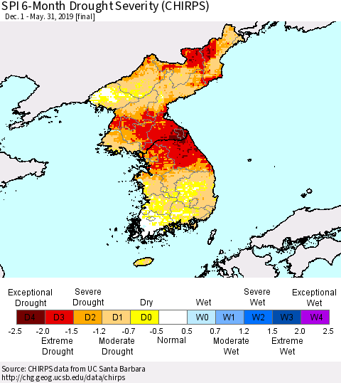 Korea SPI 6-Month Drought Severity (CHIRPS) Thematic Map For 12/1/2018 - 5/31/2019