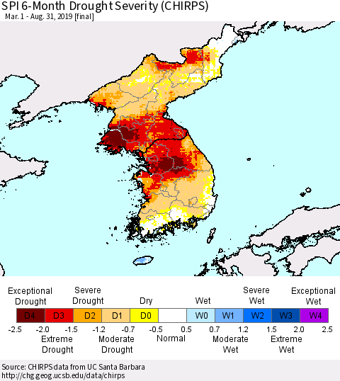 Korea SPI 6-Month Drought Severity (CHIRPS) Thematic Map For 3/1/2019 - 8/31/2019