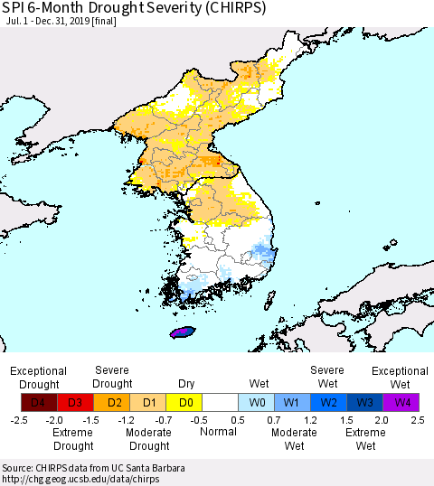 Korea SPI 6-Month Drought Severity (CHIRPS) Thematic Map For 7/1/2019 - 12/31/2019