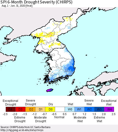 Korea SPI 6-Month Drought Severity (CHIRPS) Thematic Map For 8/1/2019 - 1/31/2020