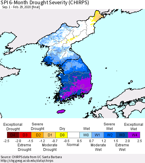 Korea SPI 6-Month Drought Severity (CHIRPS) Thematic Map For 9/1/2019 - 2/29/2020