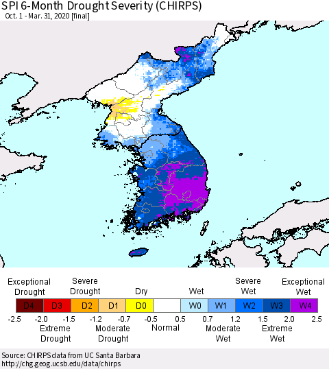 Korea SPI 6-Month Drought Severity (CHIRPS) Thematic Map For 10/1/2019 - 3/31/2020