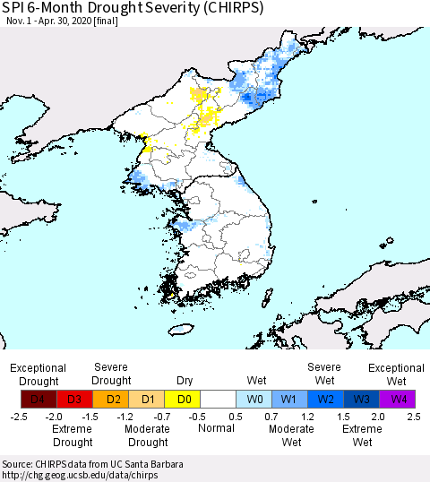 Korea SPI 6-Month Drought Severity (CHIRPS) Thematic Map For 11/1/2019 - 4/30/2020