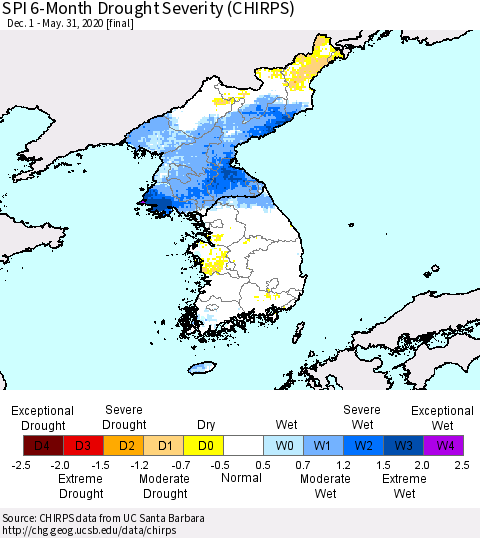 Korea SPI 6-Month Drought Severity (CHIRPS) Thematic Map For 12/1/2019 - 5/31/2020