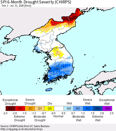 Korea SPI 6-Month Drought Severity (CHIRPS) Thematic Map For 2/1/2020 - 7/31/2020
