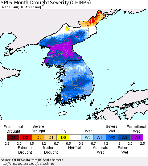 Korea SPI 6-Month Drought Severity (CHIRPS) Thematic Map For 3/1/2020 - 8/31/2020