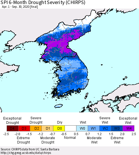 Korea SPI 6-Month Drought Severity (CHIRPS) Thematic Map For 4/1/2020 - 9/30/2020