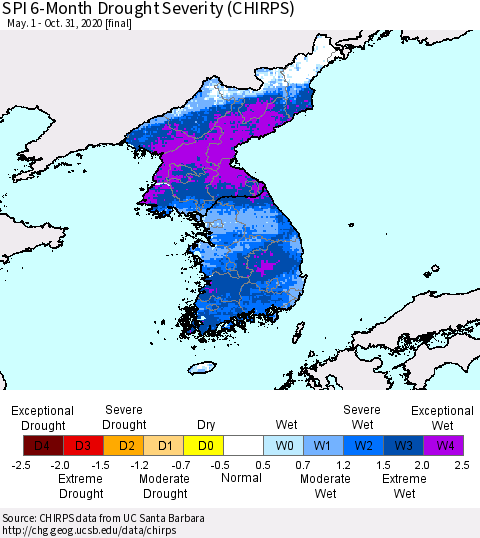 Korea SPI 6-Month Drought Severity (CHIRPS) Thematic Map For 5/1/2020 - 10/31/2020