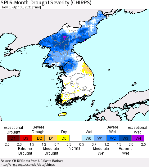Korea SPI 6-Month Drought Severity (CHIRPS) Thematic Map For 11/1/2020 - 4/30/2021