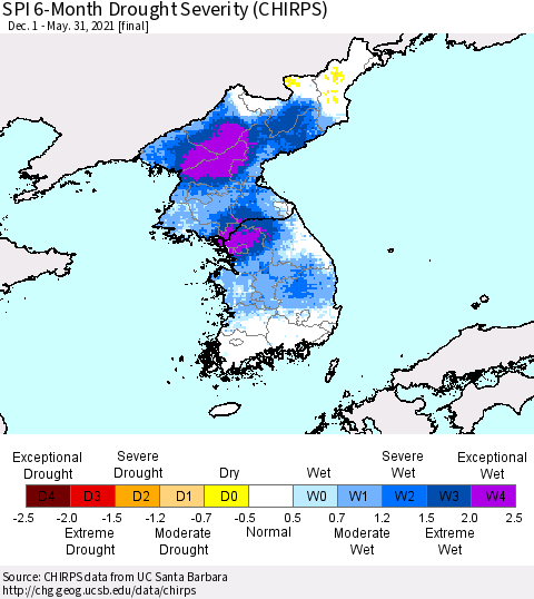 Korea SPI 6-Month Drought Severity (CHIRPS) Thematic Map For 12/1/2020 - 5/31/2021