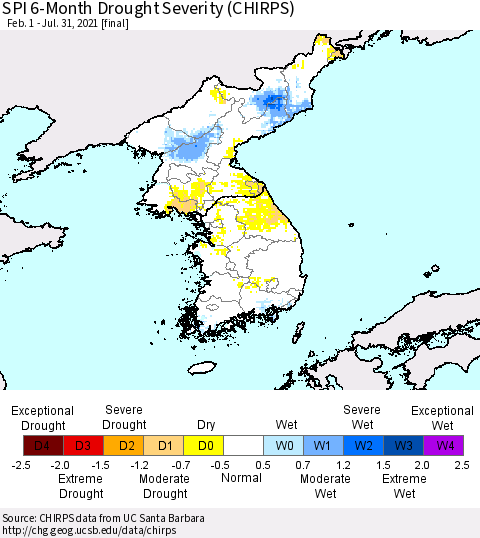 Korea SPI 6-Month Drought Severity (CHIRPS) Thematic Map For 2/1/2021 - 7/31/2021