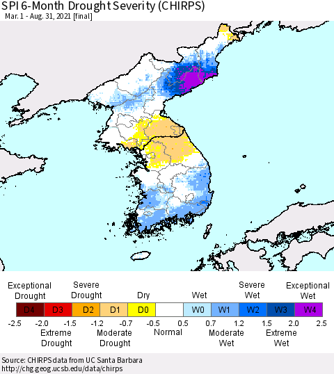 Korea SPI 6-Month Drought Severity (CHIRPS) Thematic Map For 3/1/2021 - 8/31/2021
