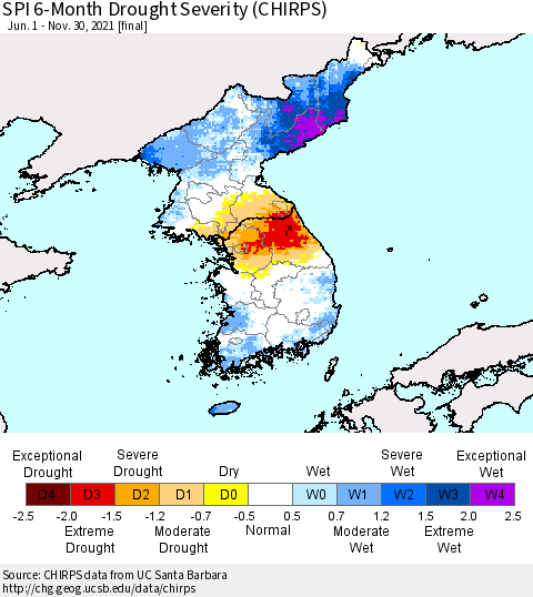 Korea SPI 6-Month Drought Severity (CHIRPS) Thematic Map For 6/1/2021 - 11/30/2021