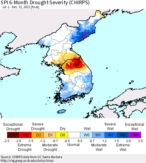 Korea SPI 6-Month Drought Severity (CHIRPS) Thematic Map For 7/1/2021 - 12/31/2021