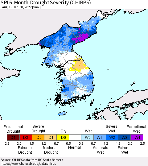 Korea SPI 6-Month Drought Severity (CHIRPS) Thematic Map For 8/1/2021 - 1/31/2022