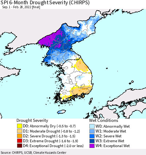 Korea SPI 6-Month Drought Severity (CHIRPS) Thematic Map For 9/1/2021 - 2/28/2022