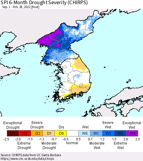 Korea SPI 6-Month Drought Severity (CHIRPS) Thematic Map For 9/1/2021 - 2/28/2022