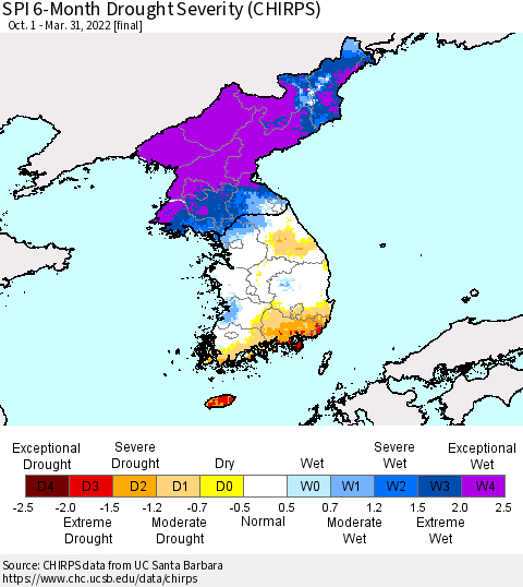 Korea SPI 6-Month Drought Severity (CHIRPS) Thematic Map For 10/1/2021 - 3/31/2022
