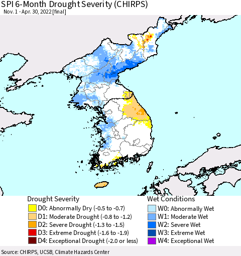Korea SPI 6-Month Drought Severity (CHIRPS) Thematic Map For 11/1/2021 - 4/30/2022