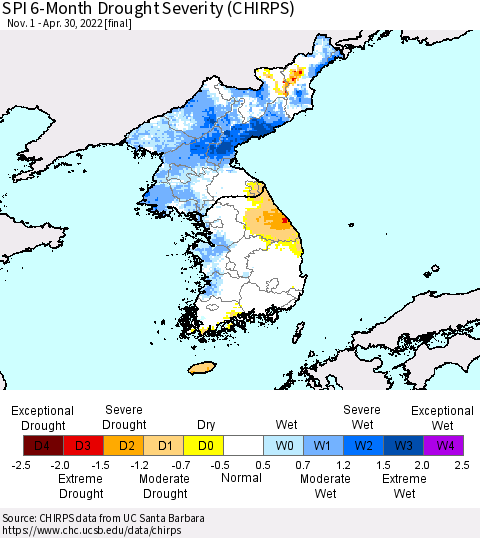 Korea SPI 6-Month Drought Severity (CHIRPS) Thematic Map For 11/1/2021 - 4/30/2022