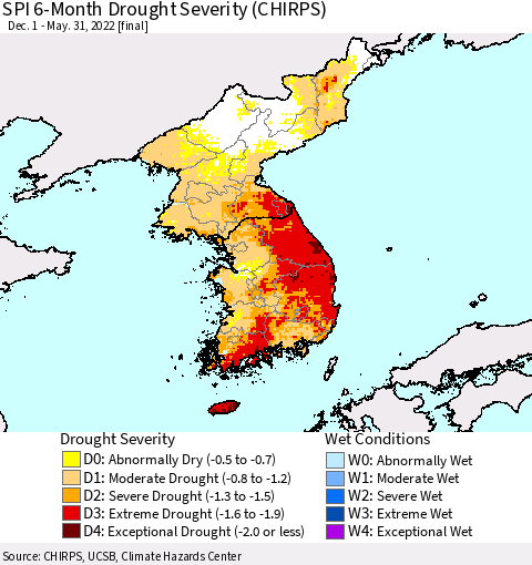 Korea SPI 6-Month Drought Severity (CHIRPS) Thematic Map For 12/1/2021 - 5/31/2022