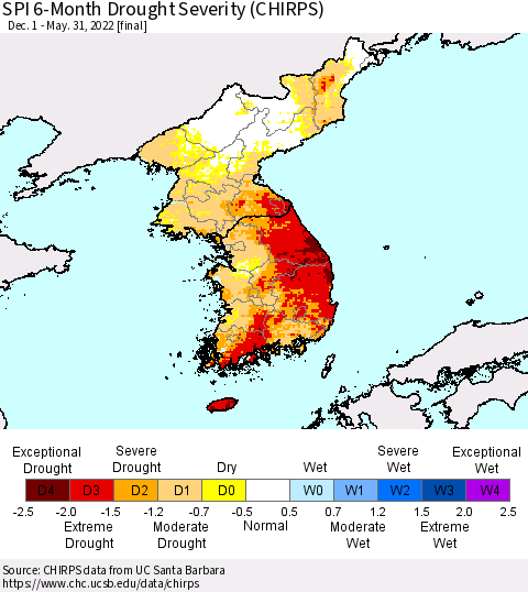 Korea SPI 6-Month Drought Severity (CHIRPS) Thematic Map For 12/1/2021 - 5/31/2022