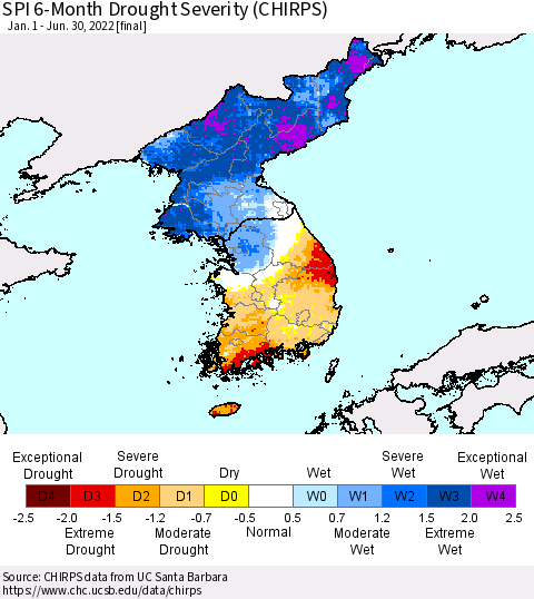 Korea SPI 6-Month Drought Severity (CHIRPS) Thematic Map For 1/1/2022 - 6/30/2022