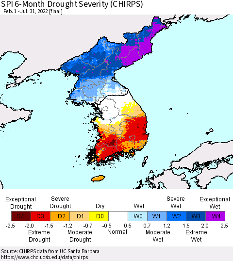 Korea SPI 6-Month Drought Severity (CHIRPS) Thematic Map For 2/1/2022 - 7/31/2022