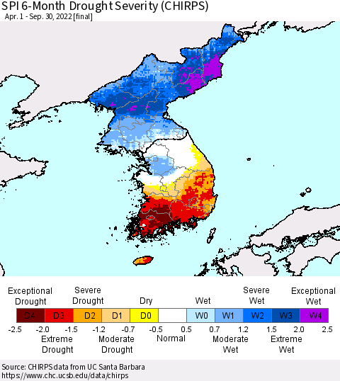 Korea SPI 6-Month Drought Severity (CHIRPS) Thematic Map For 4/1/2022 - 9/30/2022