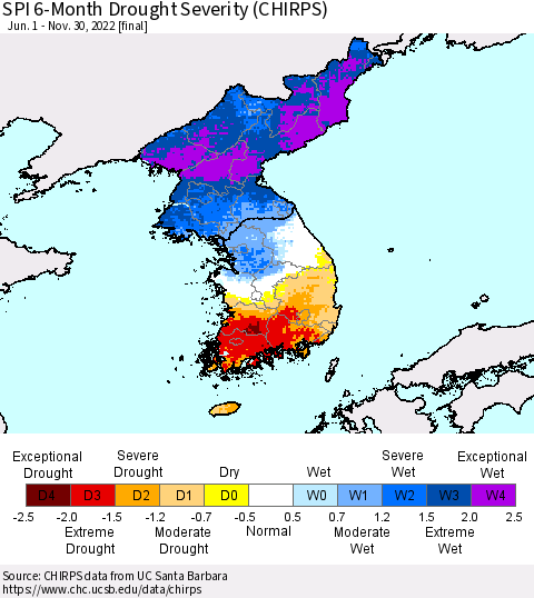 Korea SPI 6-Month Drought Severity (CHIRPS) Thematic Map For 6/1/2022 - 11/30/2022