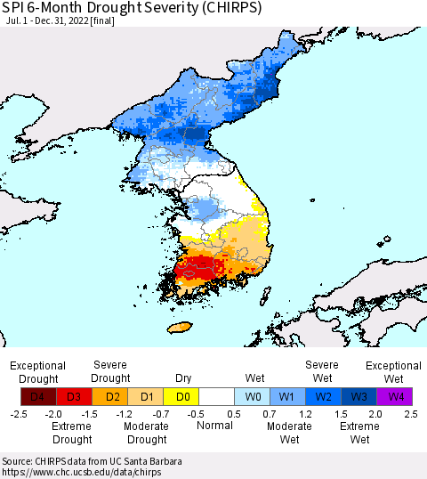 Korea SPI 6-Month Drought Severity (CHIRPS) Thematic Map For 7/1/2022 - 12/31/2022