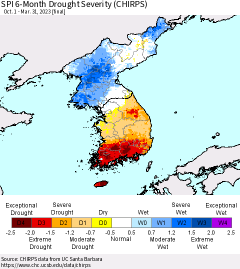 Korea SPI 6-Month Drought Severity (CHIRPS) Thematic Map For 10/1/2022 - 3/31/2023