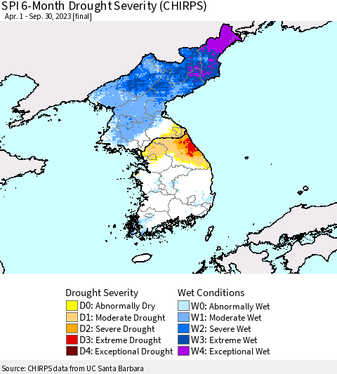Korea SPI 6-Month Drought Severity (CHIRPS) Thematic Map For 4/1/2023 - 9/30/2023