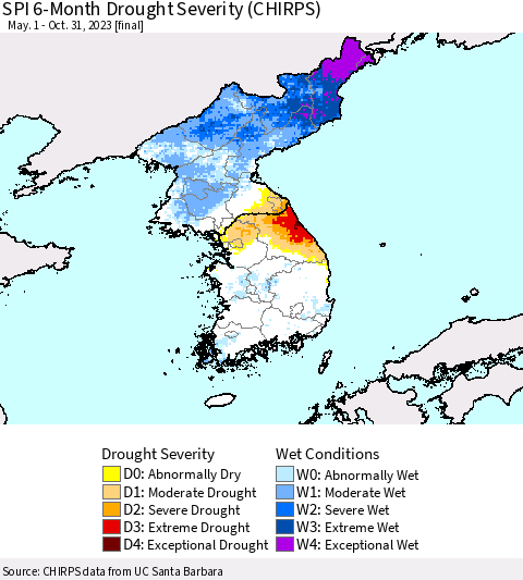 Korea SPI 6-Month Drought Severity (CHIRPS) Thematic Map For 5/1/2023 - 10/31/2023