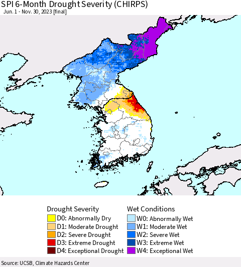Korea SPI 6-Month Drought Severity (CHIRPS) Thematic Map For 6/1/2023 - 11/30/2023