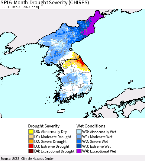 Korea SPI 6-Month Drought Severity (CHIRPS) Thematic Map For 7/1/2023 - 12/31/2023