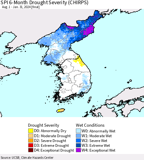 Korea SPI 6-Month Drought Severity (CHIRPS) Thematic Map For 8/1/2023 - 1/31/2024