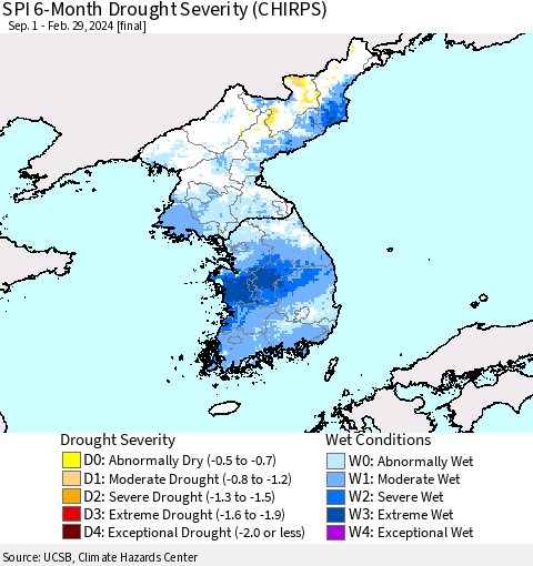 Korea SPI 6-Month Drought Severity (CHIRPS) Thematic Map For 9/1/2023 - 2/29/2024