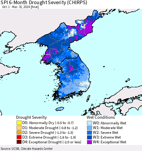Korea SPI 6-Month Drought Severity (CHIRPS) Thematic Map For 10/1/2023 - 3/31/2024