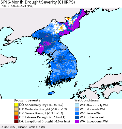 Korea SPI 6-Month Drought Severity (CHIRPS) Thematic Map For 11/1/2023 - 4/30/2024