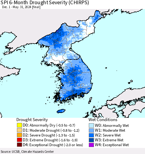 Korea SPI 6-Month Drought Severity (CHIRPS) Thematic Map For 12/1/2023 - 5/31/2024