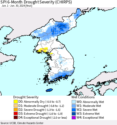 Korea SPI 6-Month Drought Severity (CHIRPS) Thematic Map For 1/1/2024 - 6/30/2024