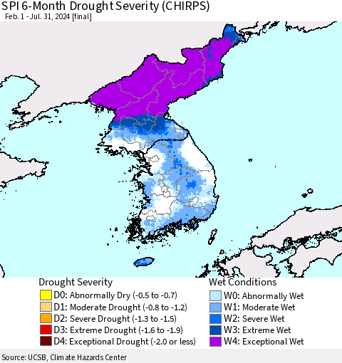 Korea SPI 6-Month Drought Severity (CHIRPS) Thematic Map For 2/1/2024 - 7/31/2024
