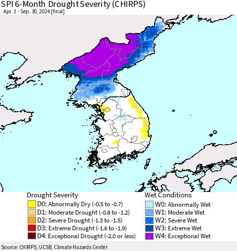 Korea SPI 6-Month Drought Severity (CHIRPS) Thematic Map For 4/1/2024 - 9/30/2024