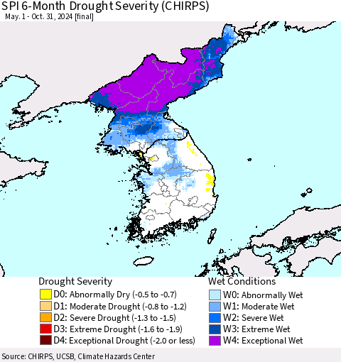 Korea SPI 6-Month Drought Severity (CHIRPS) Thematic Map For 5/1/2024 - 10/31/2024