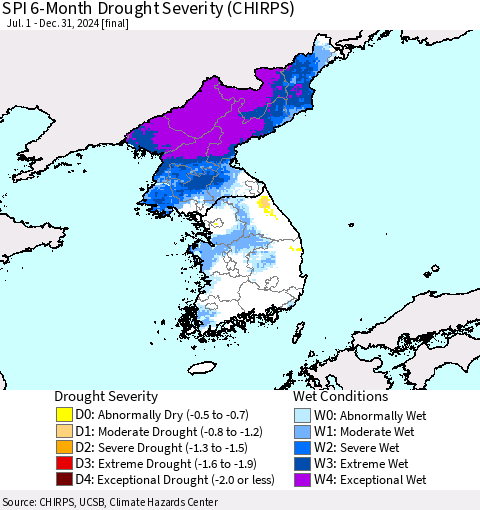 Korea SPI 6-Month Drought Severity (CHIRPS) Thematic Map For 7/1/2024 - 12/31/2024