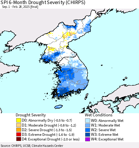 Korea SPI 6-Month Drought Severity (CHIRPS) Thematic Map For 9/1/2024 - 2/28/2025