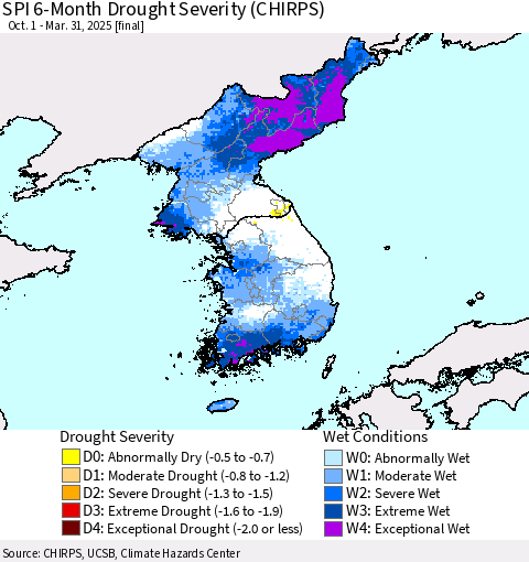 Korea SPI 6-Month Drought Severity (CHIRPS) Thematic Map For 10/1/2024 - 3/31/2025