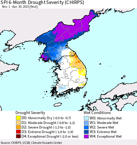 Korea SPI 6-Month Drought Severity (CHIRPS) Thematic Map For 11/1/2024 - 4/30/2025